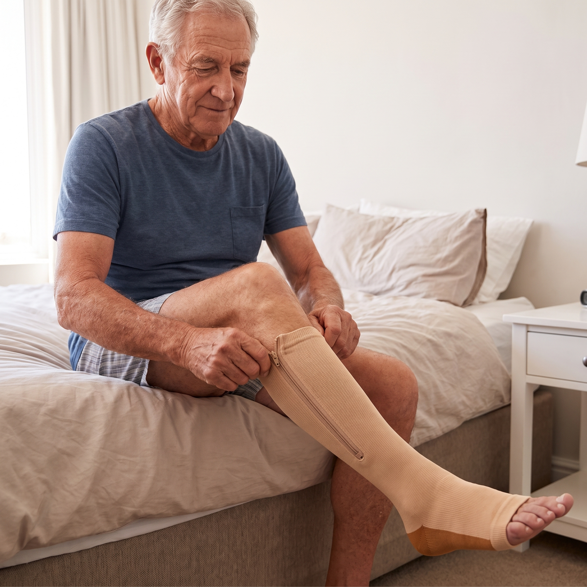 Homme senior enfilant seul sa chaussette de compression à zip