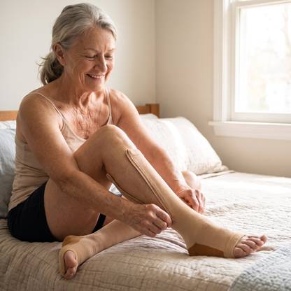 Femme senior enfilant seule sa chaussette de compression à zip, assise sur son lit