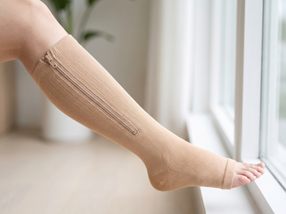 Jambe portant la chaussette de compression Enfilia Zip beige